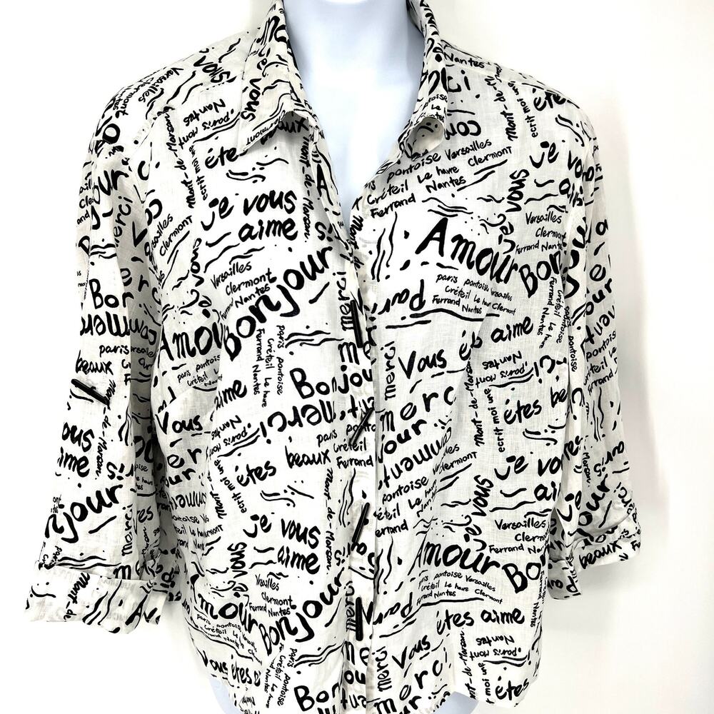 Laura Ashley White Linen Black French Graffiti Toggle Button up Blouse Size 2X